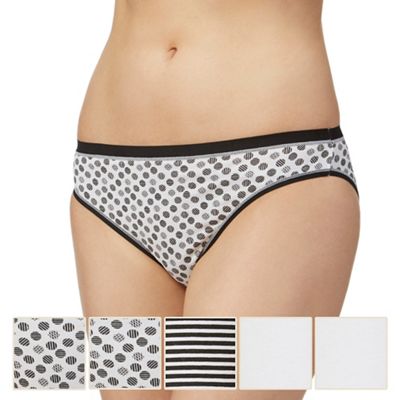 Pack of five white and black plain and printed high leg briefs